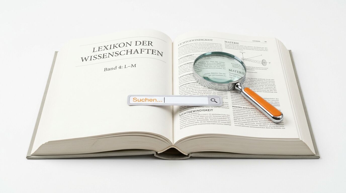 Geöffnetes Lexikon mit einer Lupe und einem Suchfeld darauf