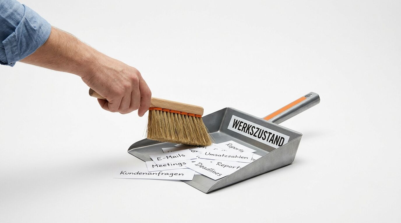 Hand fegt beschriftete Papierstücke auf Kehrblech mit der Aufschrift „WERKSZUSTAND“