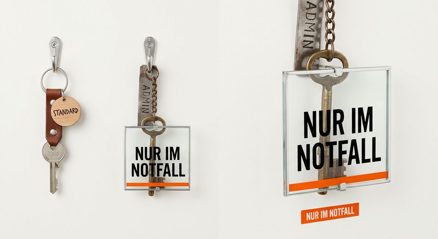Drei Schlüssel an Haken, zwei in Glasrahmen mit der Aufschrift „Nur im Notfall“, einer beschriftet mit „ADMIN“ und einer mit „STANDARD“