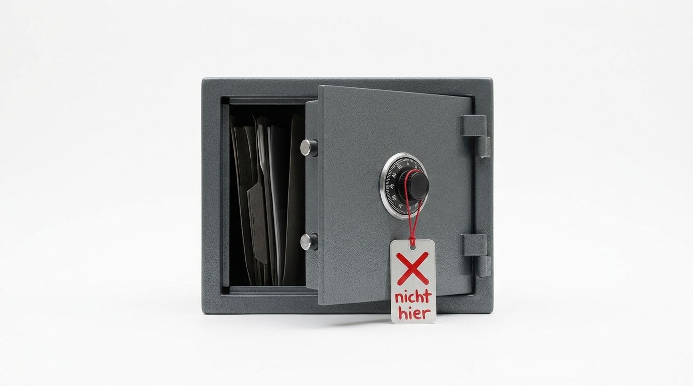 Ein offener Safe mit Dokumenten und einem Anhänger mit einem roten Kreuz und dem Text „nicht hier“