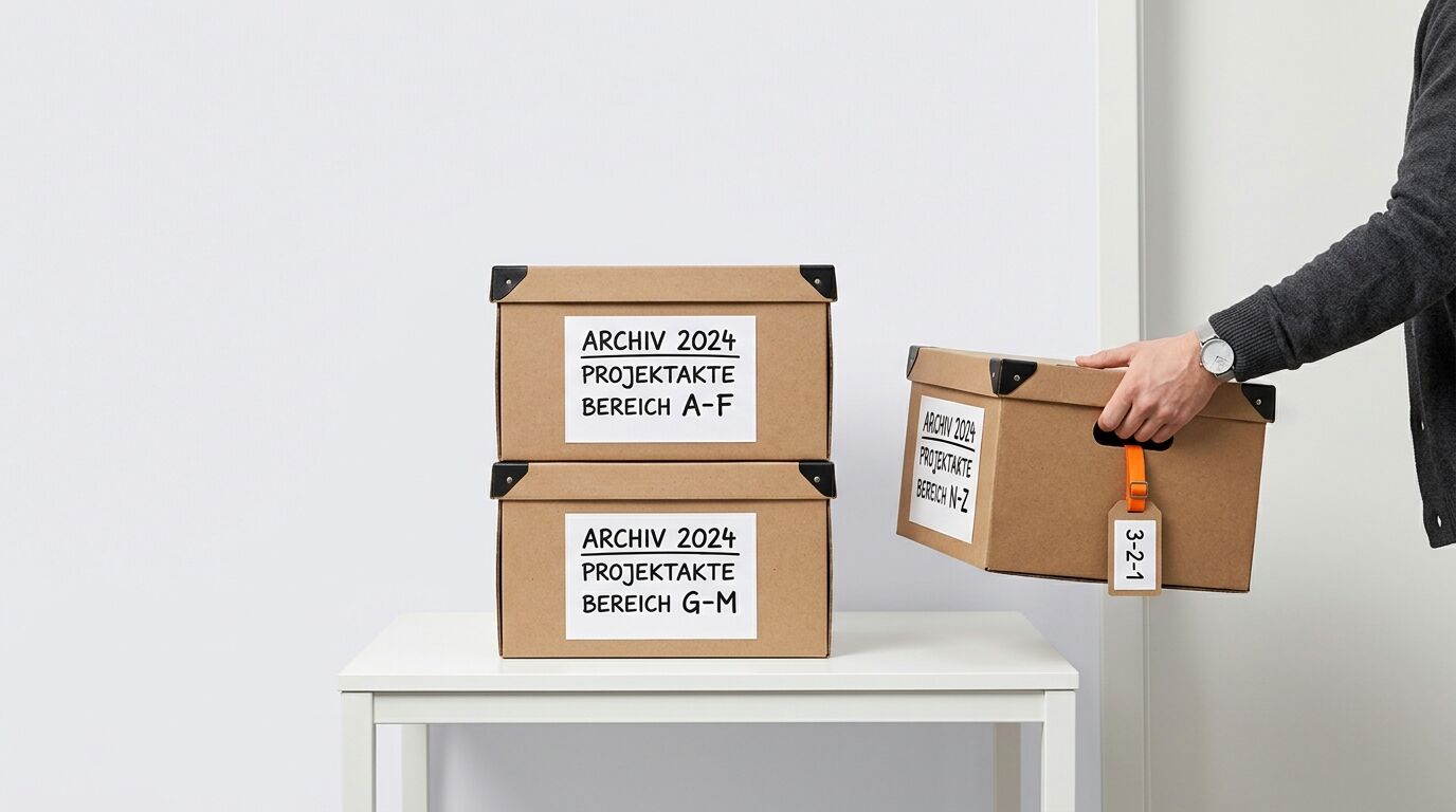 Mann trägt Archivkarton, während zwei andere beschriftete Kartons auf weißem Tisch stapeln