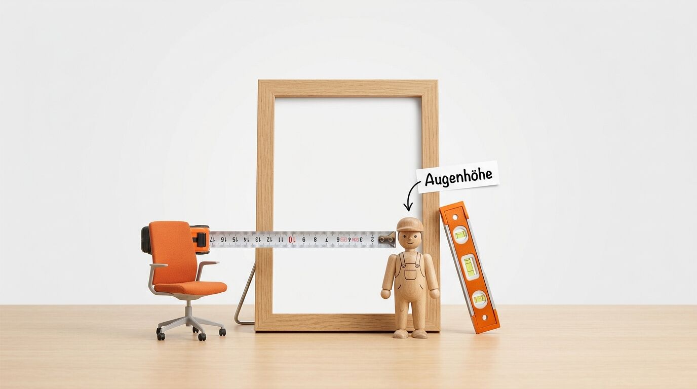 Ein leerer Holzrahmen auf einem Tisch mit Bürostuhl, Maßband, Gliederfigur und Wasserwaage