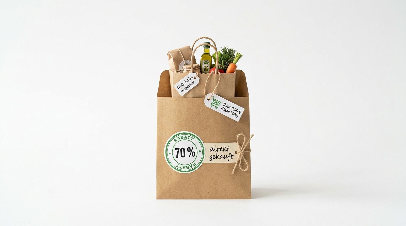 Papiertüte mit Lebensmitteln, 70% Rabatt-Stempel, Gratis-Beleg und Gutschein-Anhänger