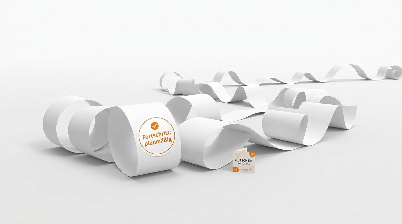 Langes weißes Papierband mit orangefarbenem Aufkleber