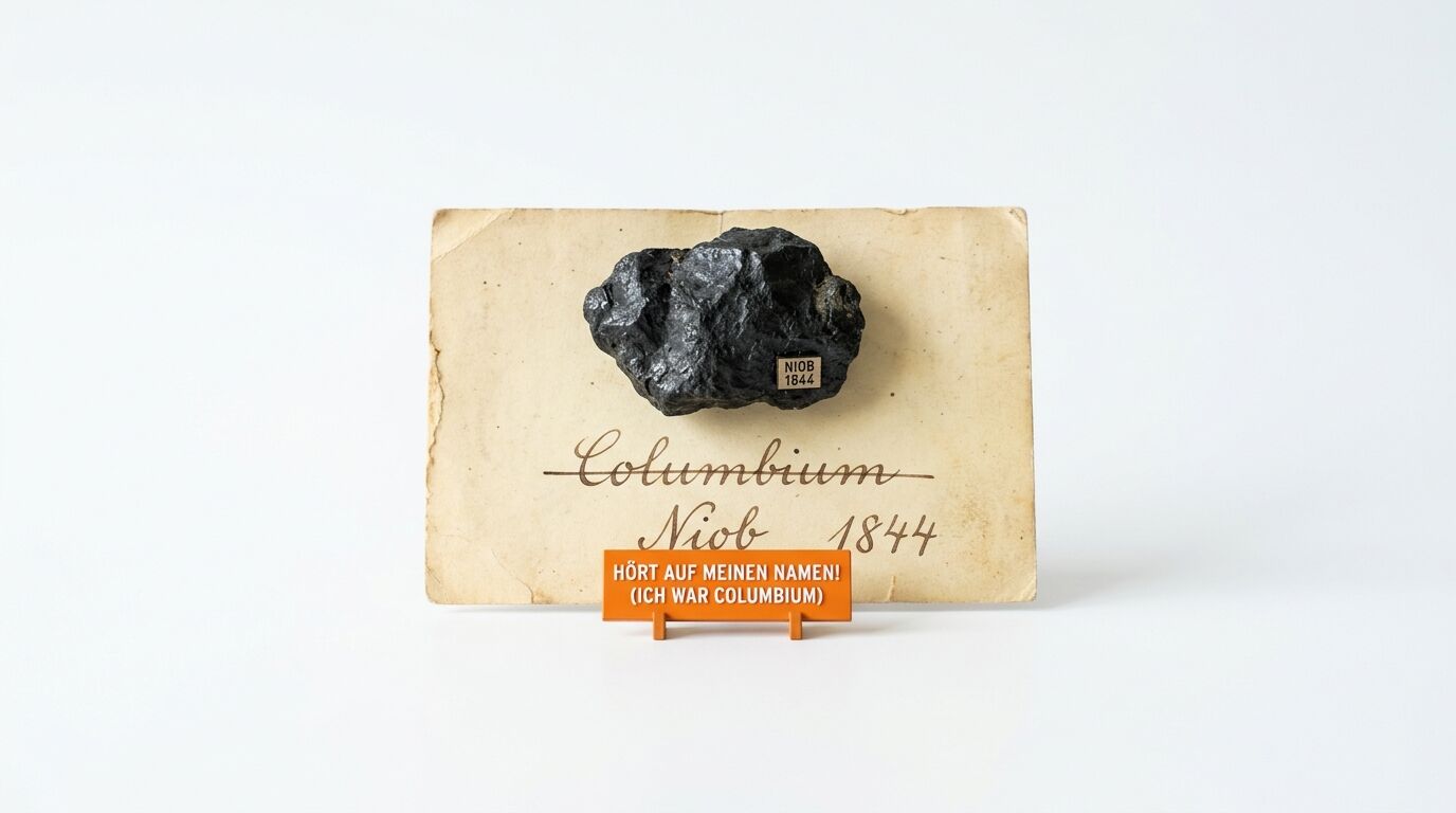 Mineralprobe auf altem Etikett mit Aufschriften vor weißem Hintergrund