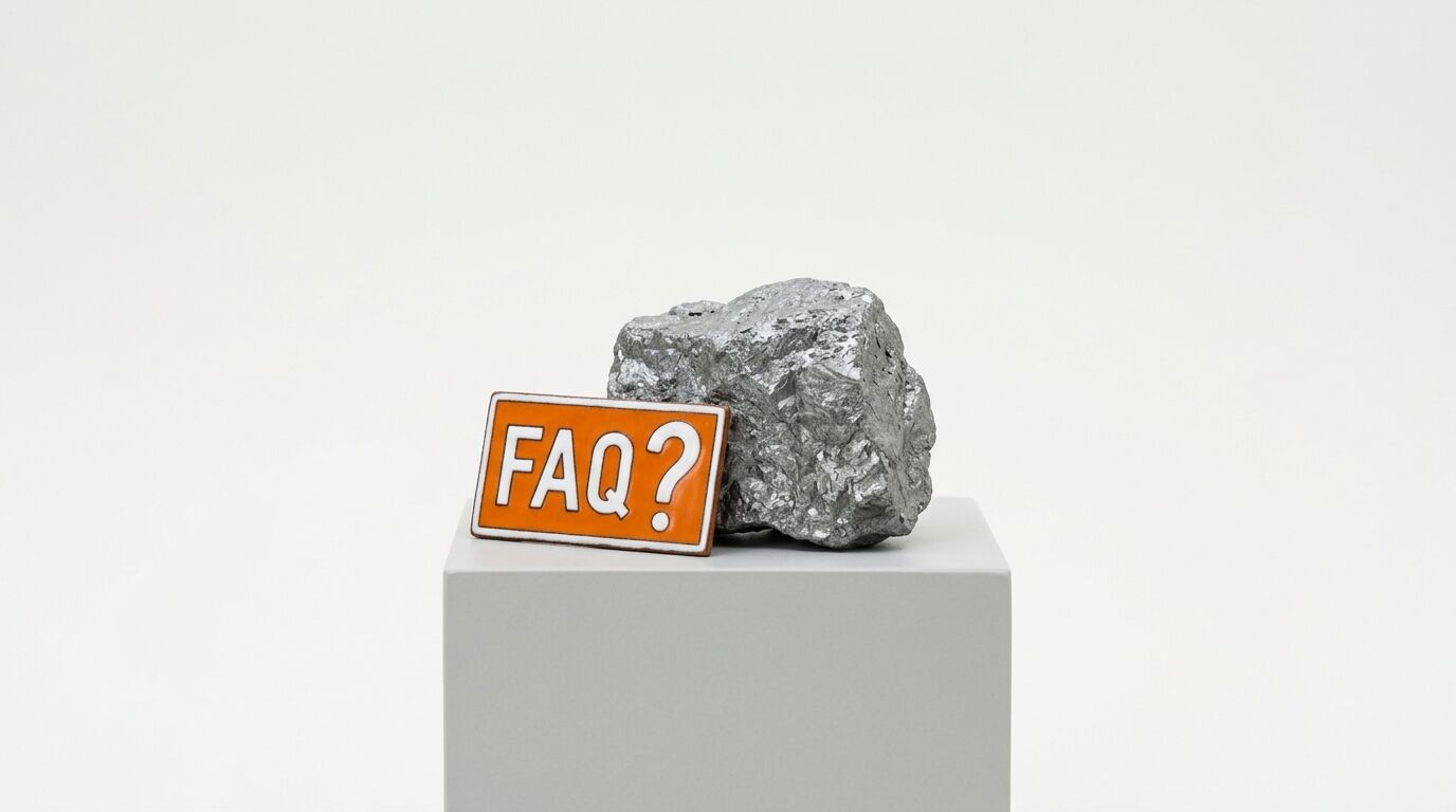 Auf einem grauen Sockel liegen ein graues Metallerz und ein orangefarbenes Schild mit „FAQ?“