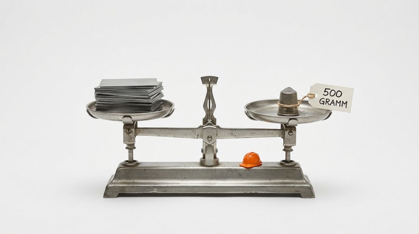 Balkenwaage mit Metallplatten links und Fingerhut mit 500-Gramm-Schild rechts