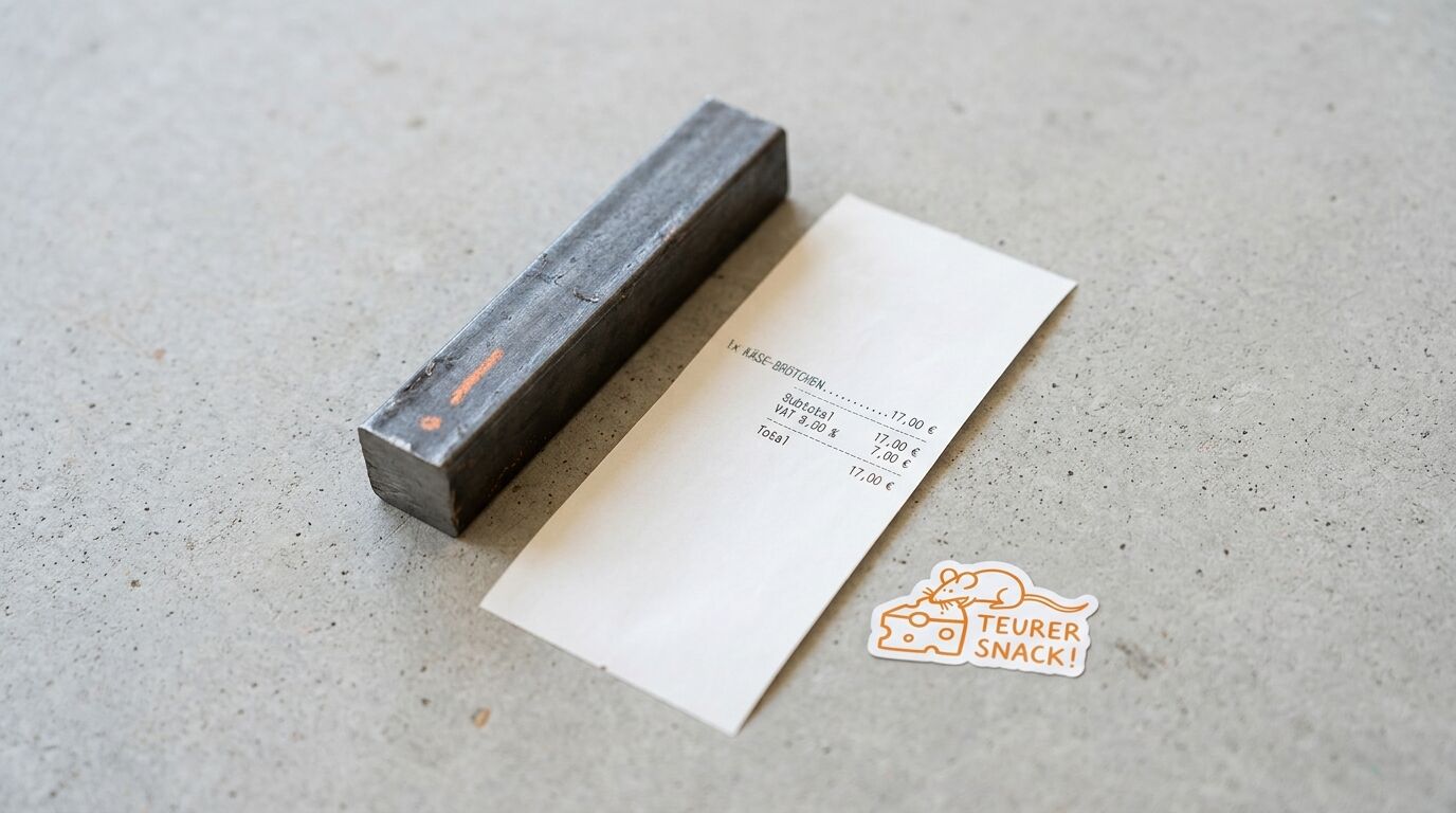 Metallklotz, Quittung über Käsebrötchen, Sticker mit Maus und Text auf Beton