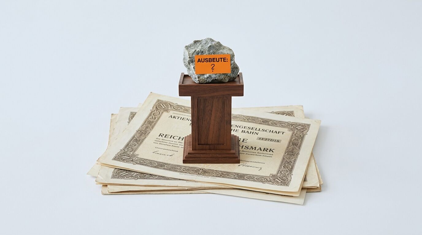 Ein Stein auf einem Holzpodest auf einem Stapel alter Reichsmark-Aktien