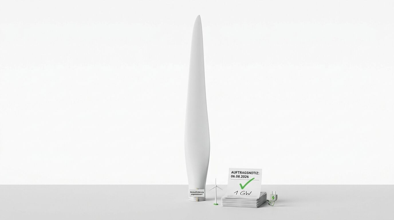 Riesiges Windradblatt, daneben winziges Windrad und Notizzettel mit grünem Haken „1 GW“