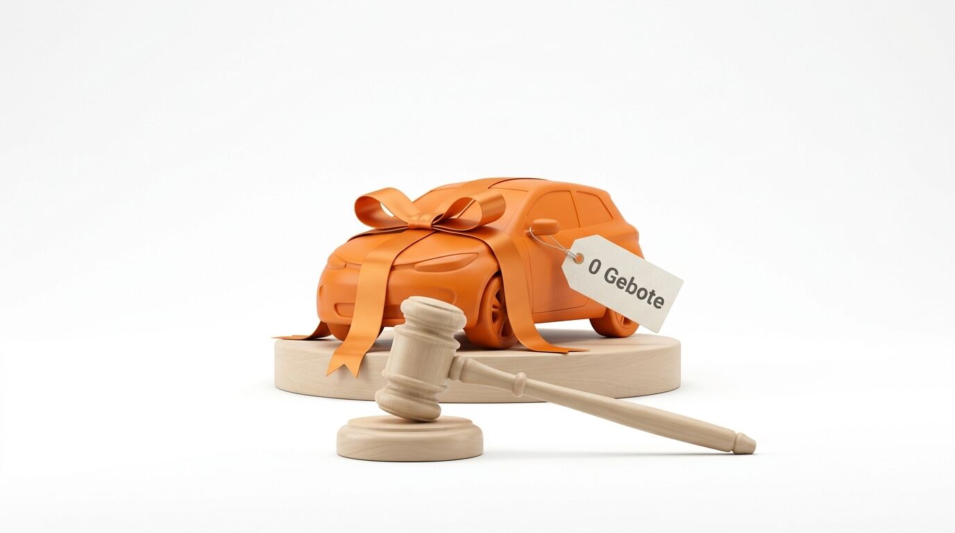 Oranges Auto mit Schleife auf Holzpodest und Auktionshammer; Schild mit Aufschrift