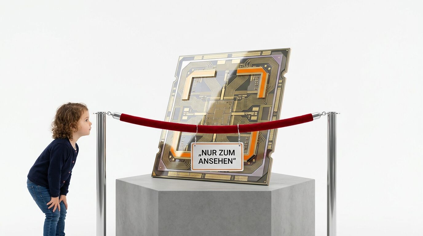 Ein Kind betrachtet einen übergroßen Chip hinter Absperrung und Schild