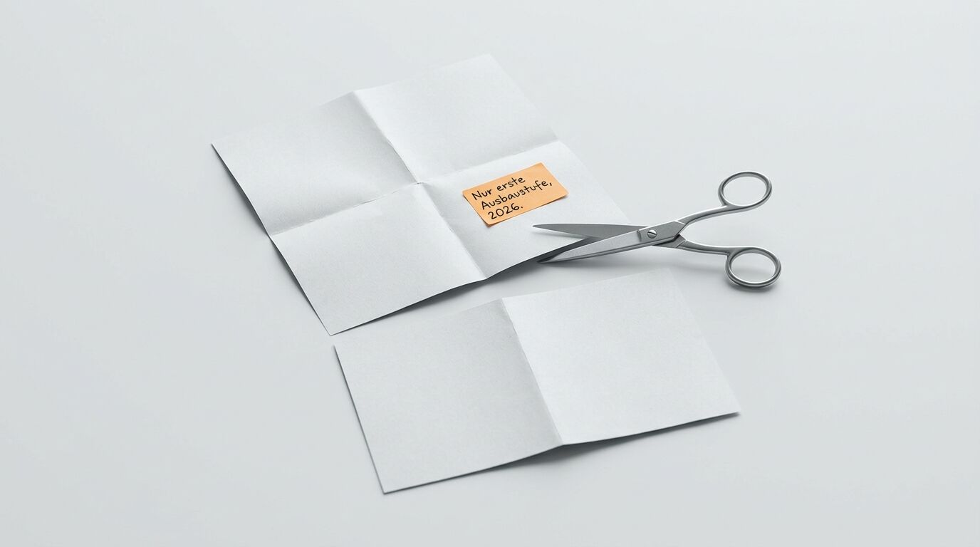 Zwei gefaltete Blätter Papier, eines mit Notiz und Schere daneben auf weißem Grund
