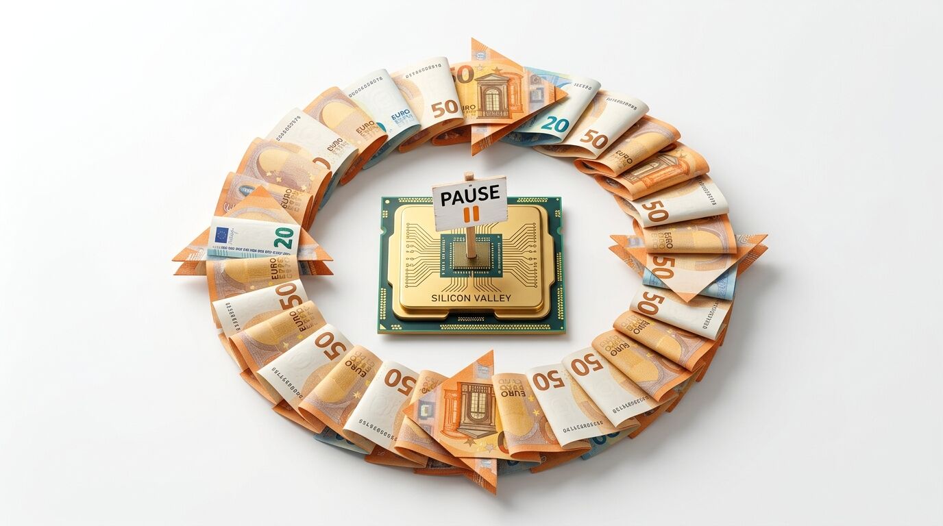 CPU-Chip mit Pause-Schild umgeben von Euroscheinen in Pfeilform