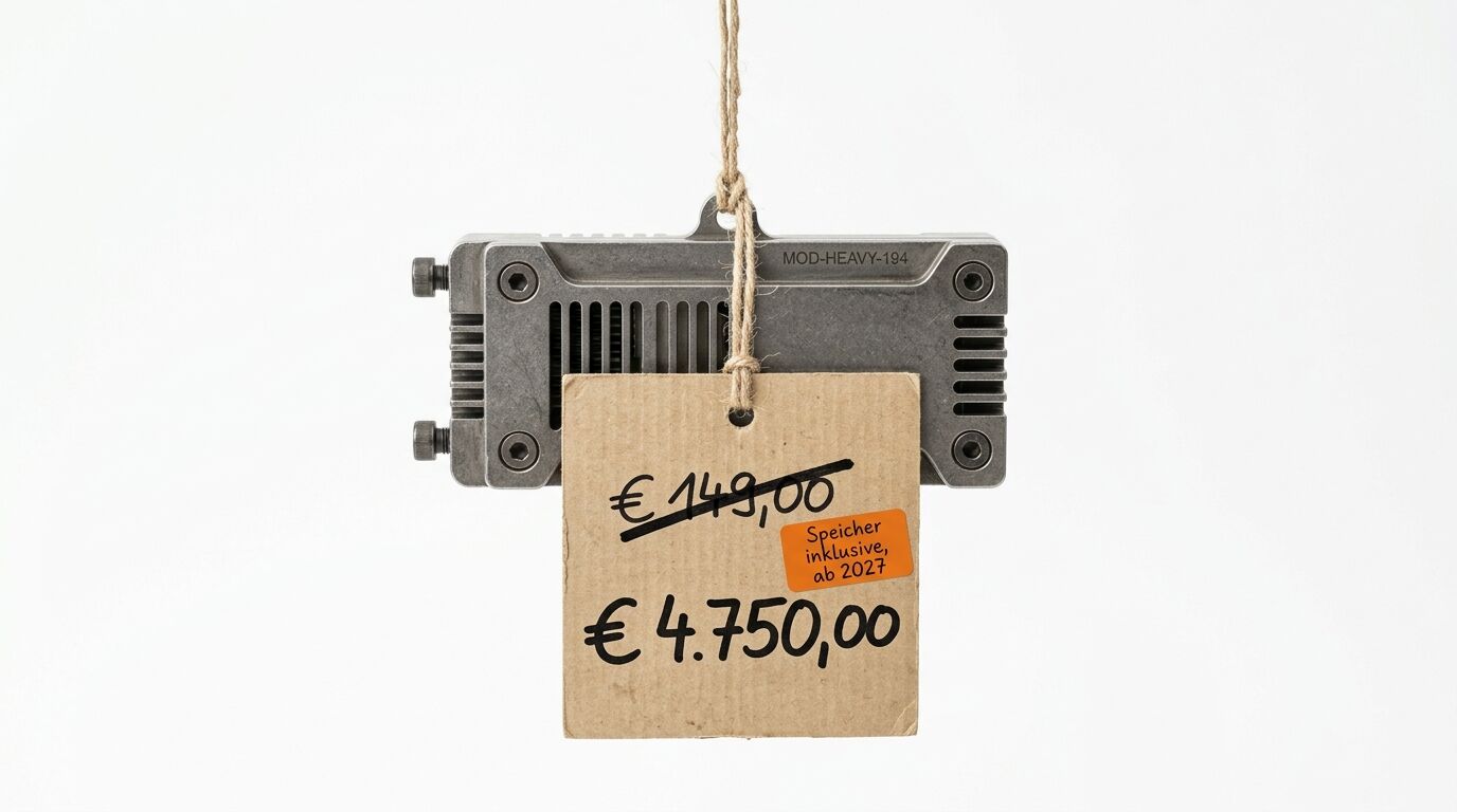 Metallobjekt an Schnur mit Preisschild (€ 149,00 gestrichen, € 4.750,00) und orangem Aufkleber vor Weiß