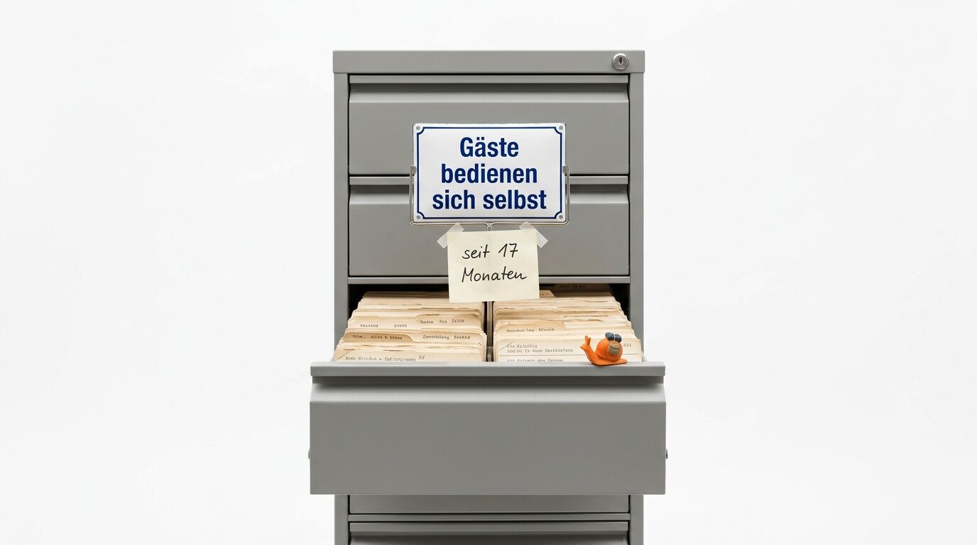 Schrank mit Schild „Gäste bedienen sich selbst“, Notiz, Karteien und Schnecke