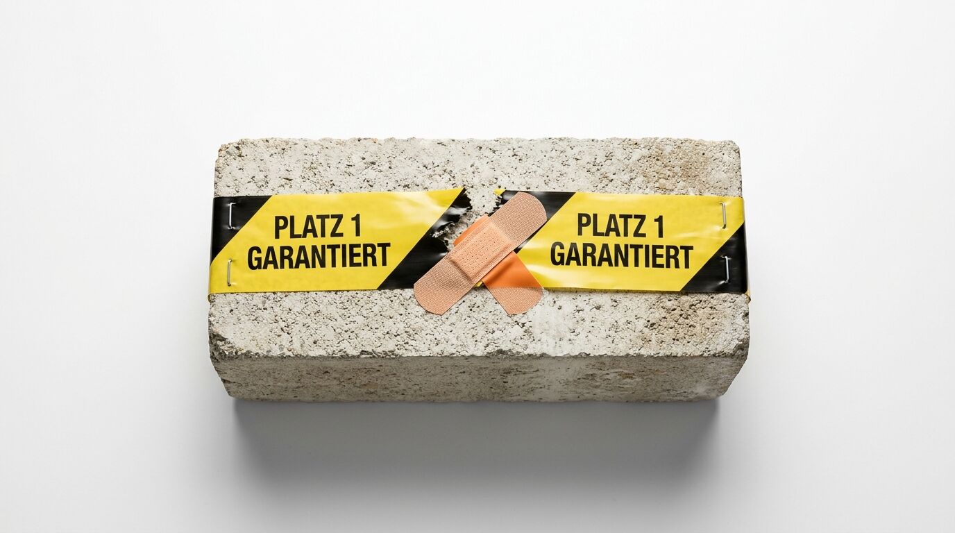 Ein Betonstein mit gelbem Garantie-Etikett und zwei Verbandspflastern in der Mitte auf weißem Hintergrund