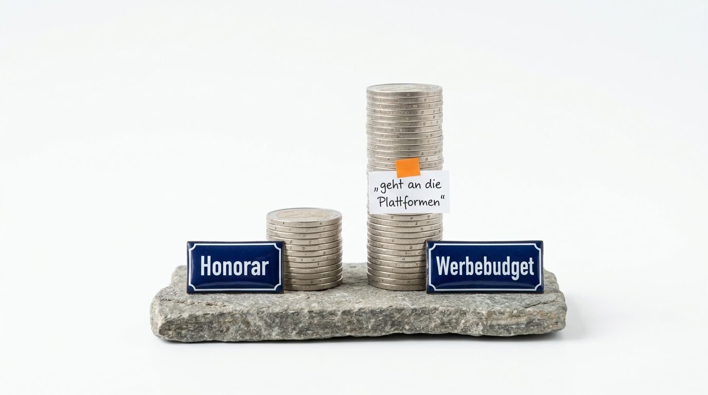 Zwei Münzstapel auf Steinplattform mit Schildern "Honorar" und "Werbebudget", dazu Notiz "geht an die Plattformen"