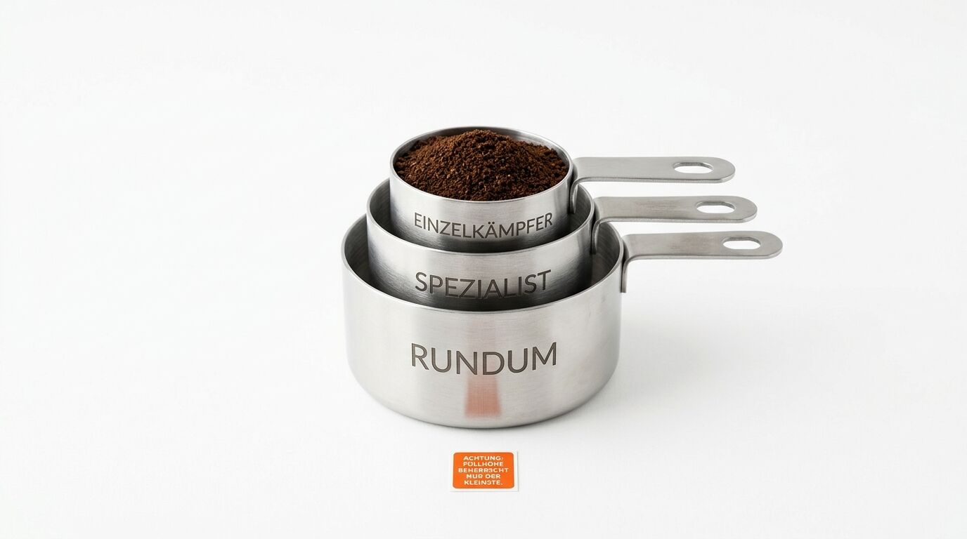 Drei ineinander verschachtelte Messlöffel aus Edelstahl mit Beschriftungen "RUNDUM", "SPEZIALIST" und "EINZELKÄMPFER", gefüllt mit gemahlenen Kaffee