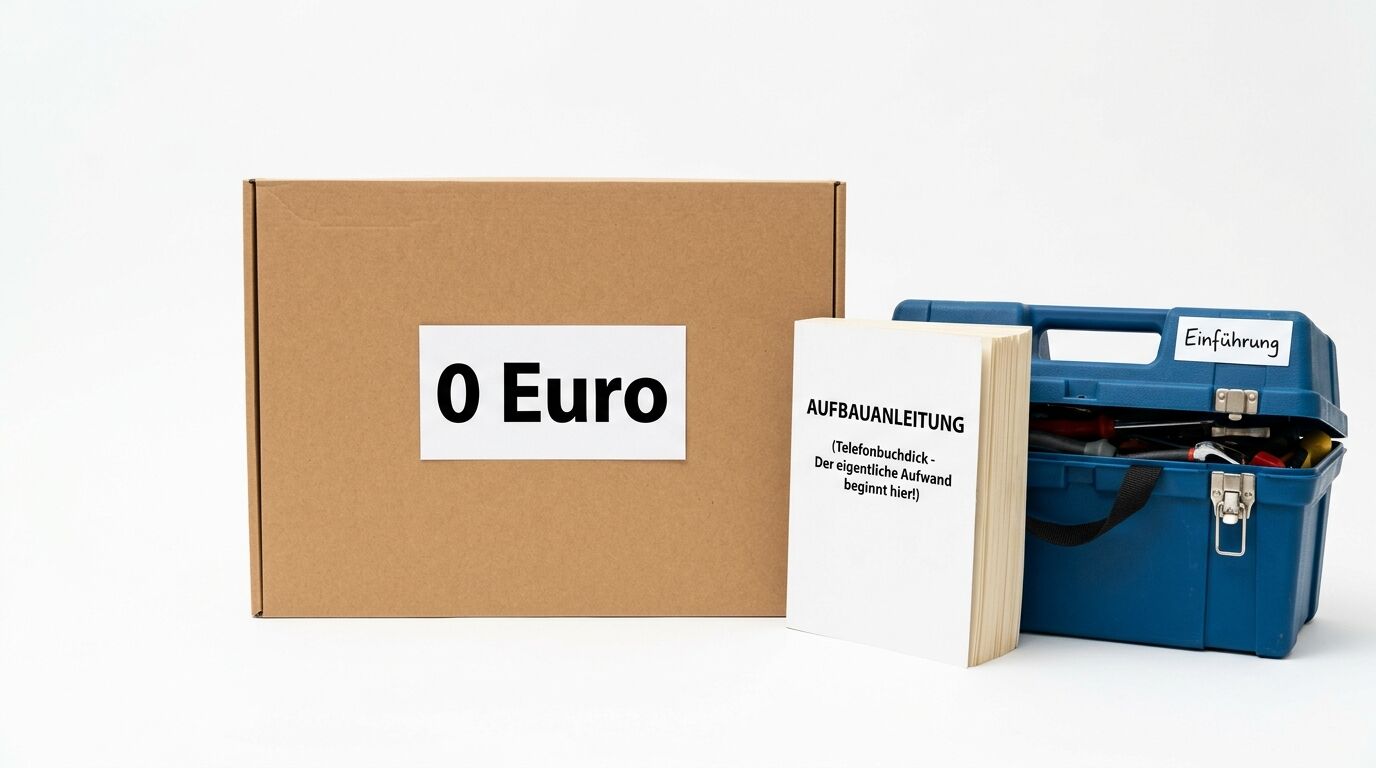 Ein Karton mit „0 Euro“ Label neben einer dicken Aufbauanleitung und einem Werkzeugkoffer