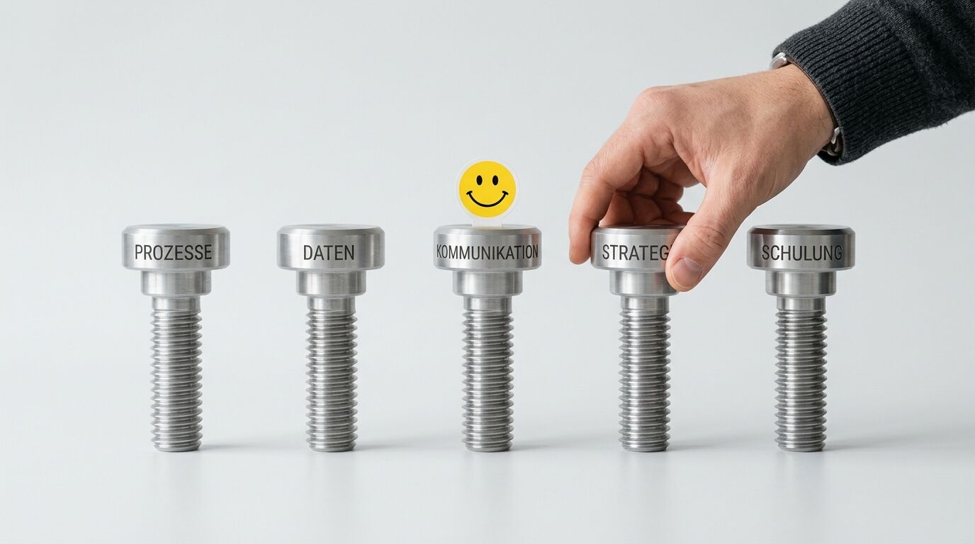 Schrauben mit Beschriftung, Smiley und einer Hand auf grauem Grund