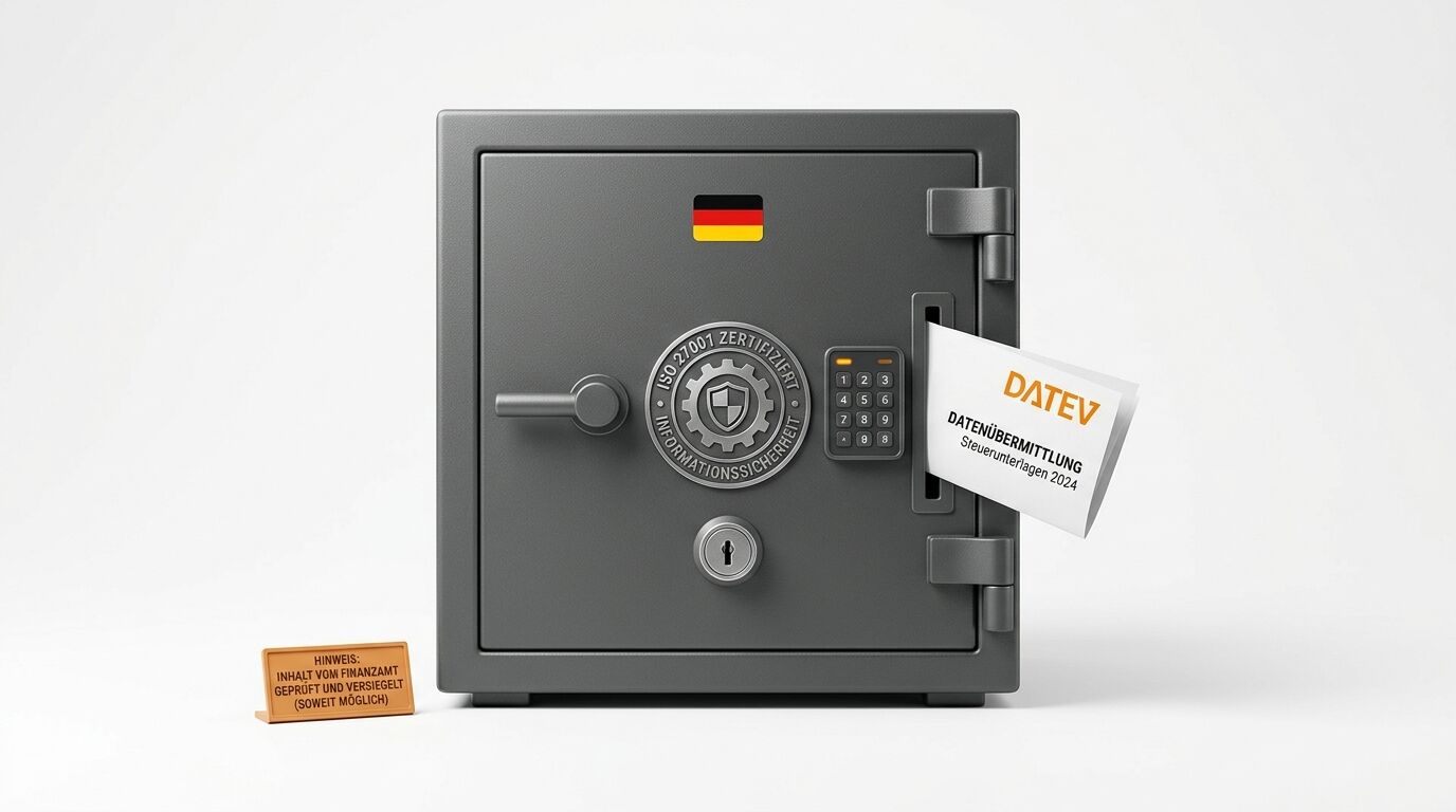 Ein grauer Safe mit deutscher Flagge, Schloss, Zahlencode und DATEV-Zertifizierungssiegel