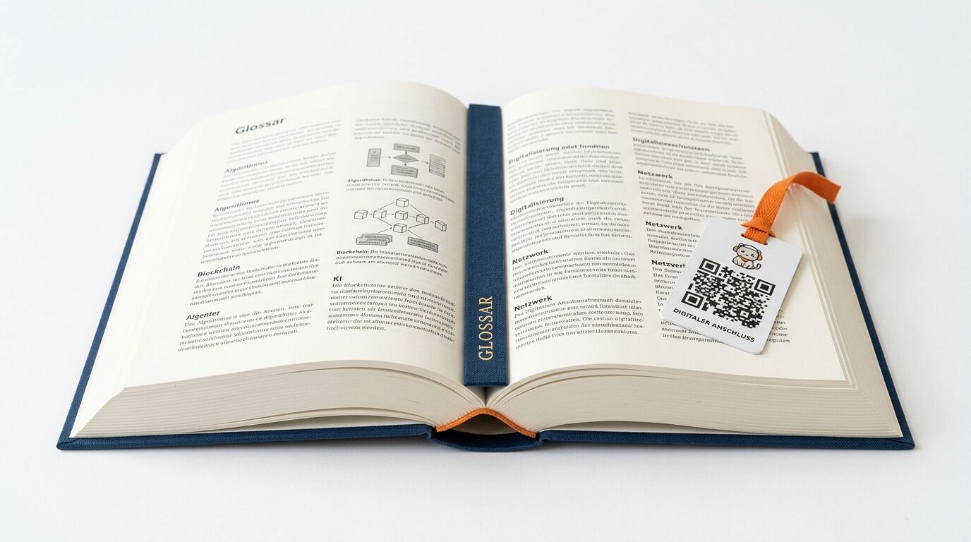 Aufgeschlagenes Buch (Blau) mit Glossar-Inhalt und Anhänger (QR-Code)