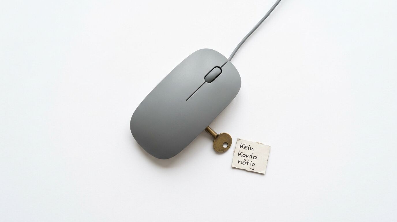 Computertaste mit Schlüssel und Notiz „Kein Konto nötig“