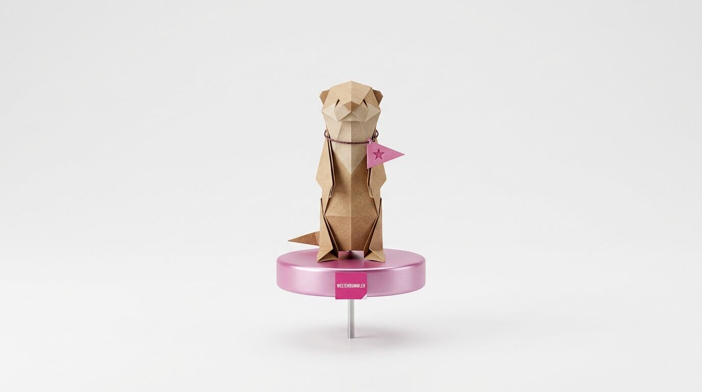 Papier-Otter mit rosa Wimpel steht auf rosa Sockel mit Label vor hellem Grund