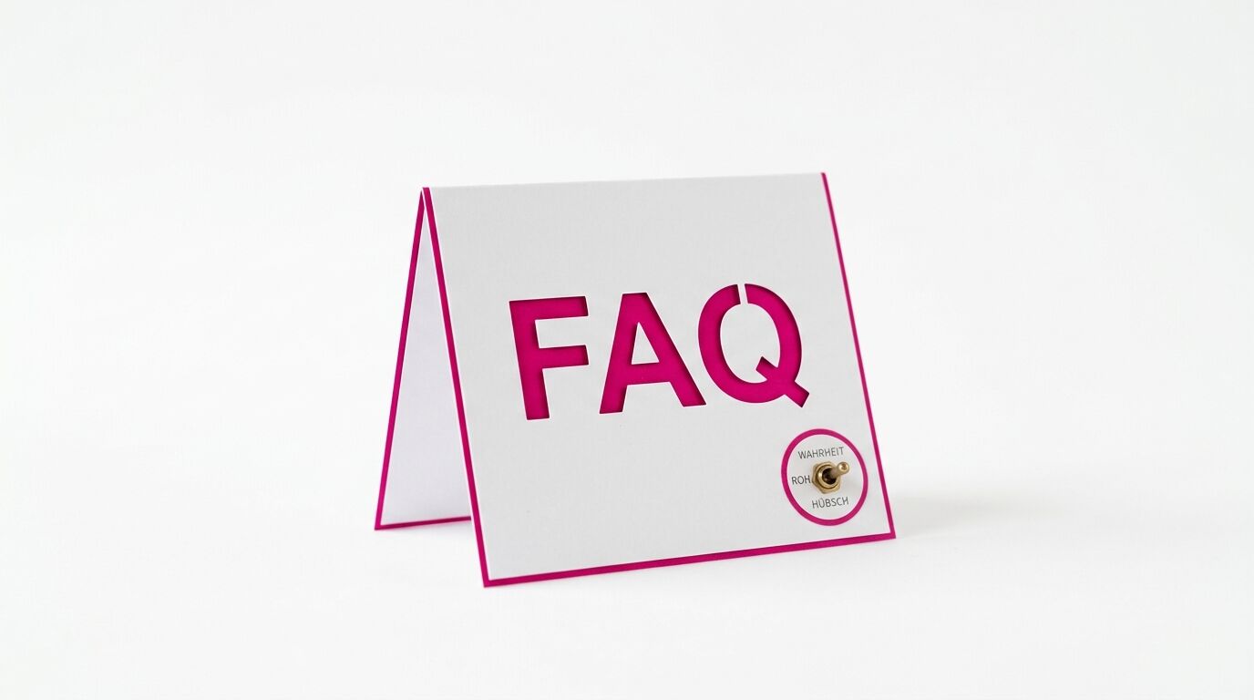 Ein weißer Aufsteller mit dem ausgestanzten Wort FAQ in Magenta vor einem weißen Hintergrund