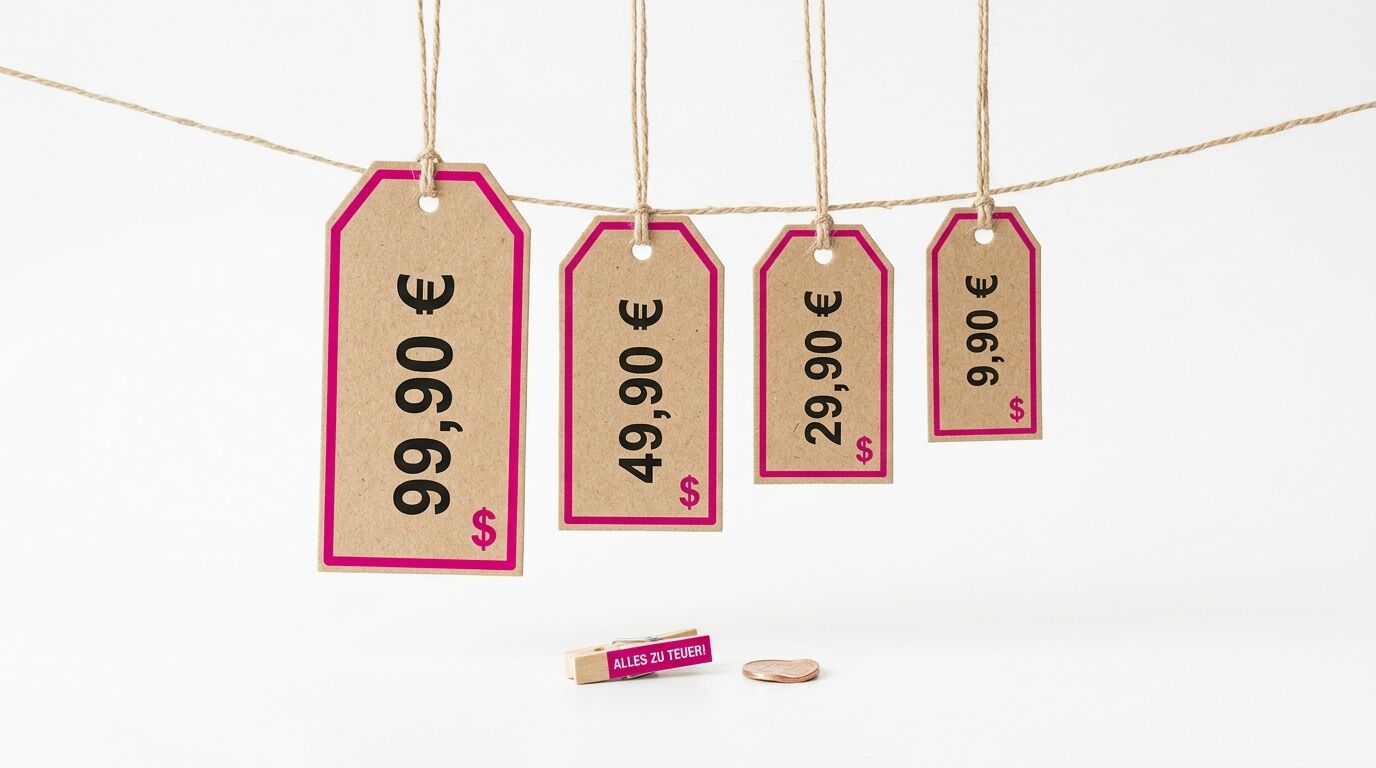 Vier hängende Preisschilder (99,90 €, 49,90 €, 29,90 €, 9,90 €), Wäscheklammer mit Aufschrift, Münze