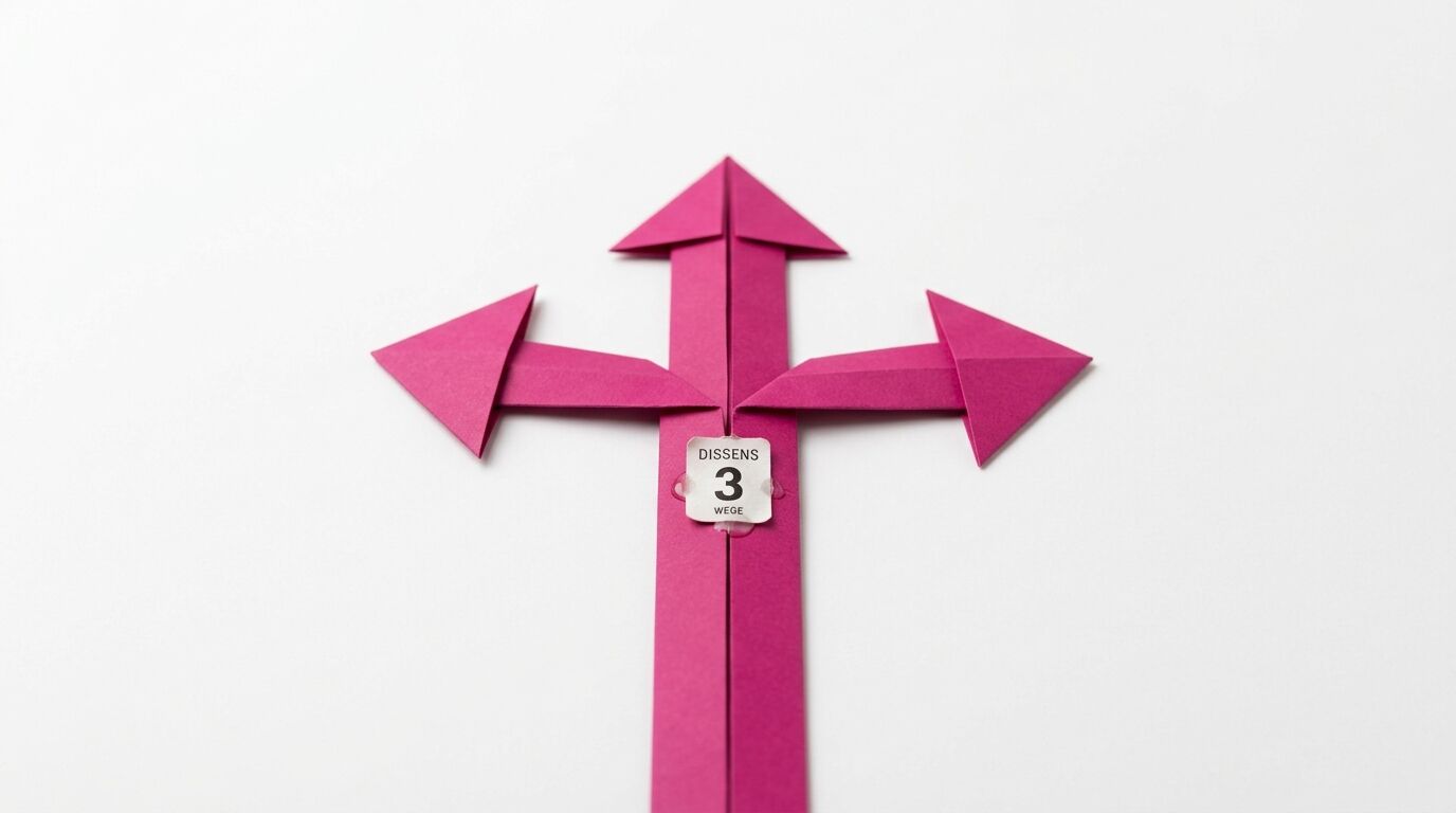 Origami-Wegweiser mit drei pinken Pfeilen und Aufkleber „DISSENS 3 WEGE“ auf Weiß