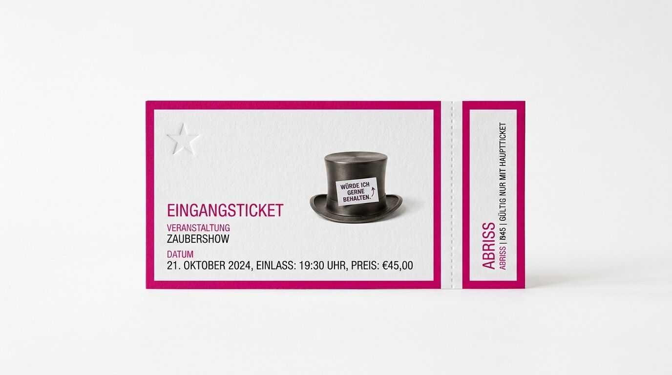 Eintrittskarte für Zaubershow mit Zylindergrafik und pinkfarbenem Rand