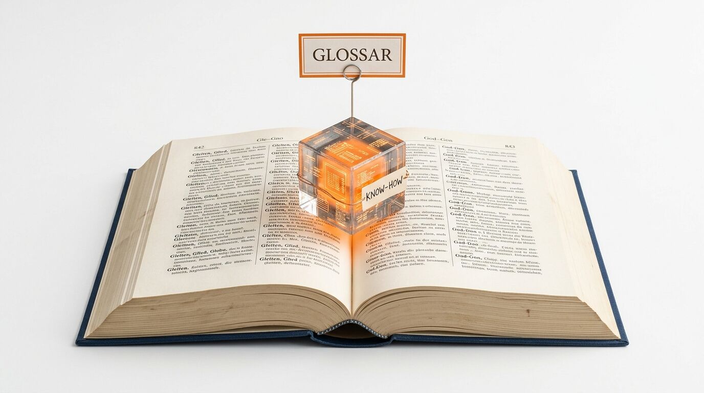 Aufgeschlagenes Glossar-Buch mit leuchtendem KNOW-HOW-Würfel und Schild