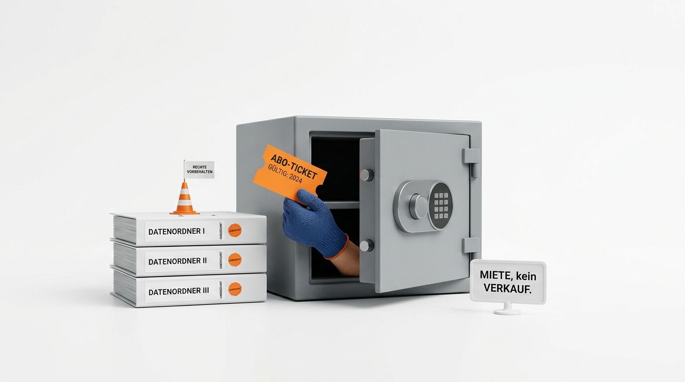 Hand mit Handschuh greift aus offenem Safe nach Orange-Abo-Ticket; nebenan Aktenstapel und Schild