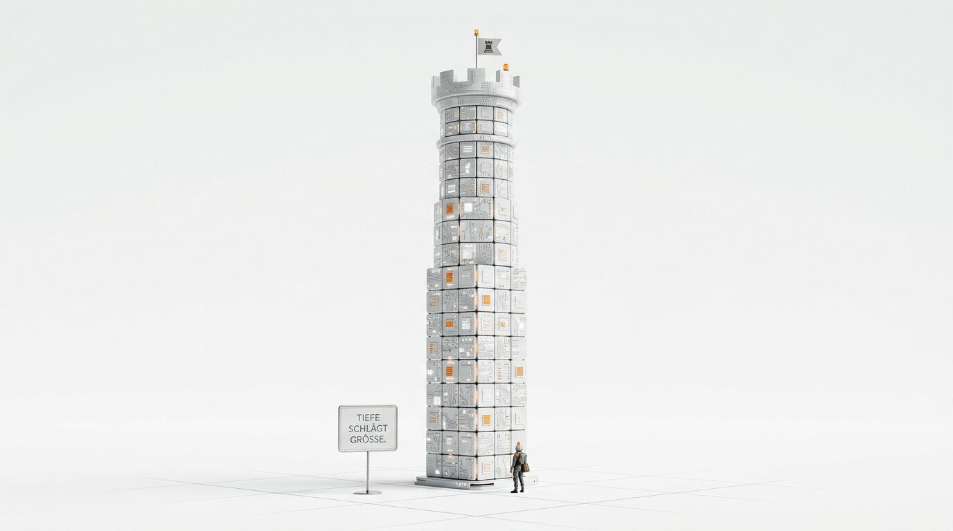 Hoher Turm aus Computerkacheln, Flagge, Figur, Schild mit Text „TIEFE SCHLÄGT GRÖSSE.“ vor weißem Grund