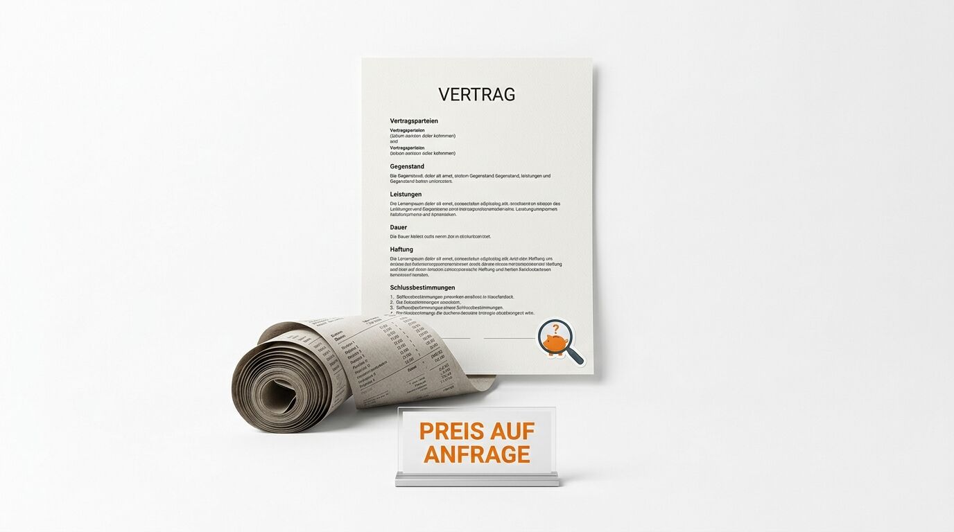 Vertrag, Papierrolle, Sparschwein-Icon, Schild „Preis auf Anfrage“ vor weißem Hintergrund