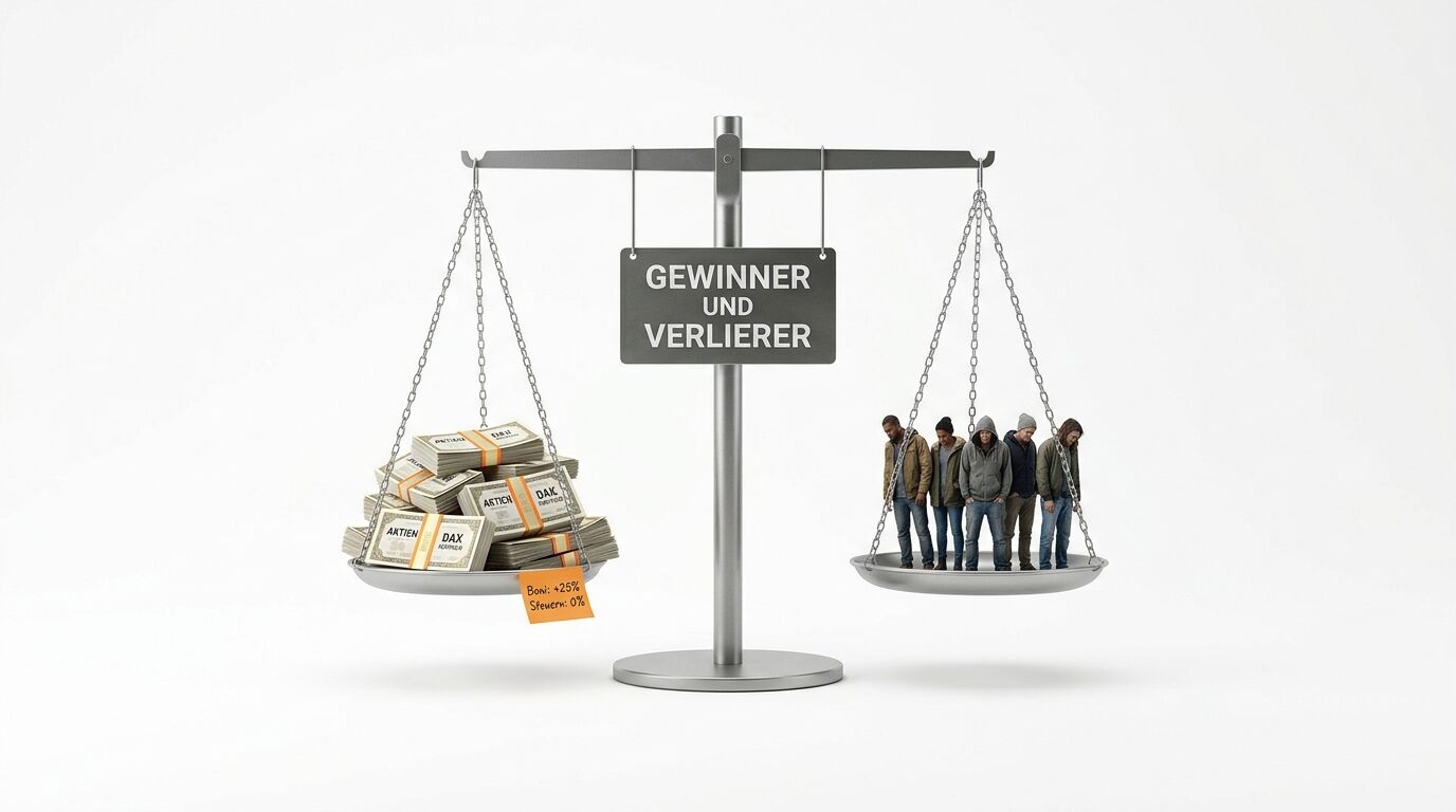 Waage mit Geldscheinen links, Menschen rechts und Schild „GEWINNER UND VERLIERER“ mittig