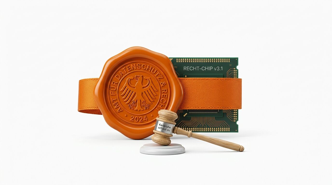 Ein großes Siegel, ein Mikrochip und ein kleiner Richterhammer auf weißem Grund