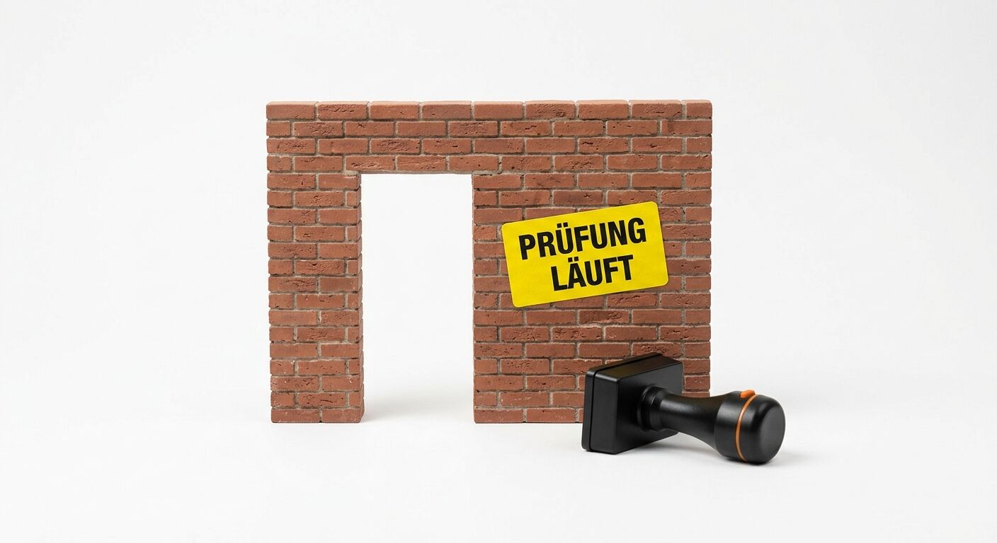 Mauerwerkmodell mit gelbem Schild „PRÜFUNG LÄUFT“ und davorliegendem Stempel
