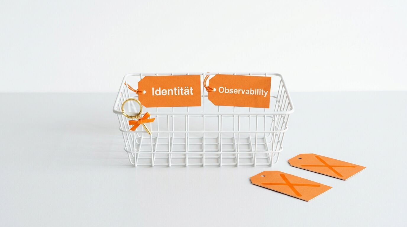 Drahtkorb mit Etiketten „Identität“, „Observability“ und einem Schlüssel vor weißem Hintergrund
