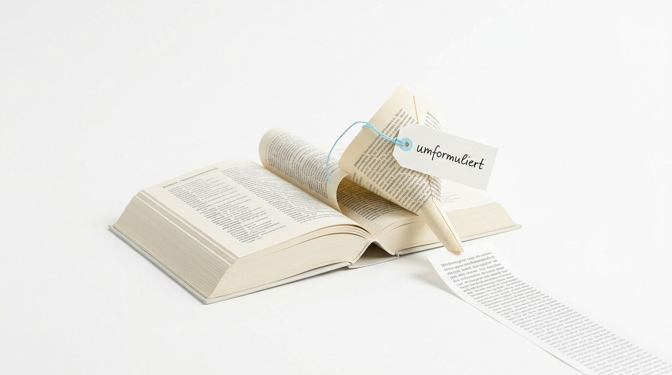 Offenes Buch mit gefaltetem Herz und Etikett „umformuliert“. Ein Papierstreifen mit Text führt weg