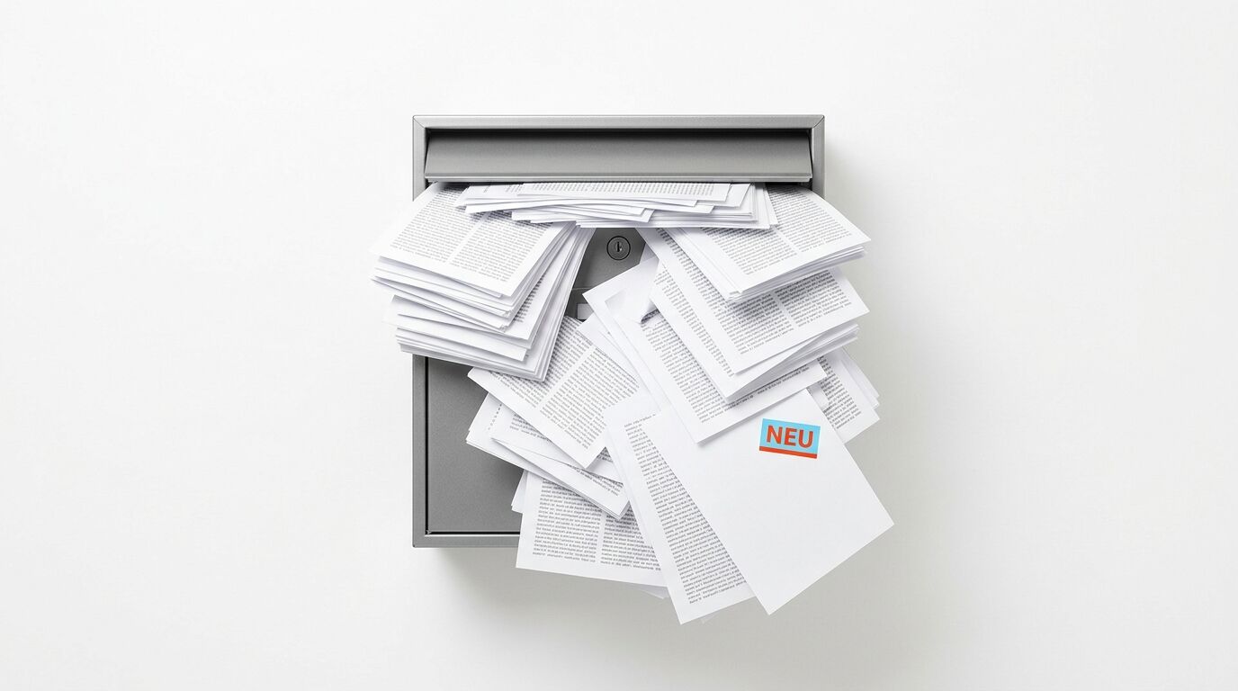 Briefkasten aus grauem Metall, aus dessen Schlitz eine große Menge Papier quillt