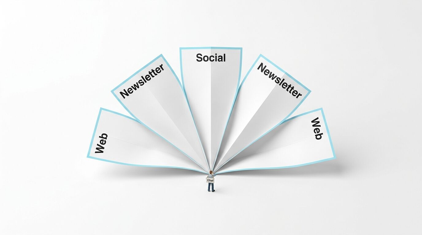 Figur hält fächerartiges Diagramm mit Texten Social, Web und Newsletter