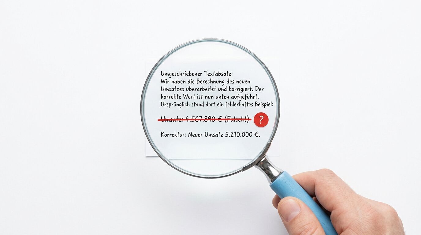 Hand hält Lupe über korrigiertem Text mit durchgestrichener und neuer Umsatzzahl