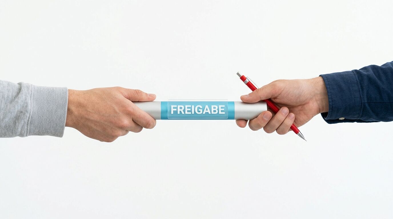 Zwei Hände halten ein Rohr mit der Aufschrift „FREIGABE“, eine Hand hält einen roten Stift