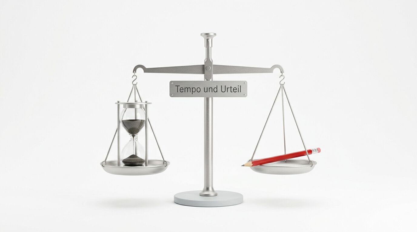 Balkenwaage im Gleichgewicht mit Sanduhr, Rotstift und Text „Tempo und Urteil“