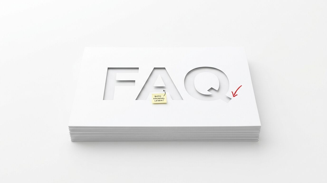 Papierstapel mit ausgeschnittenen Buchstaben FAQ, Notizzettel und rotem Pfeil