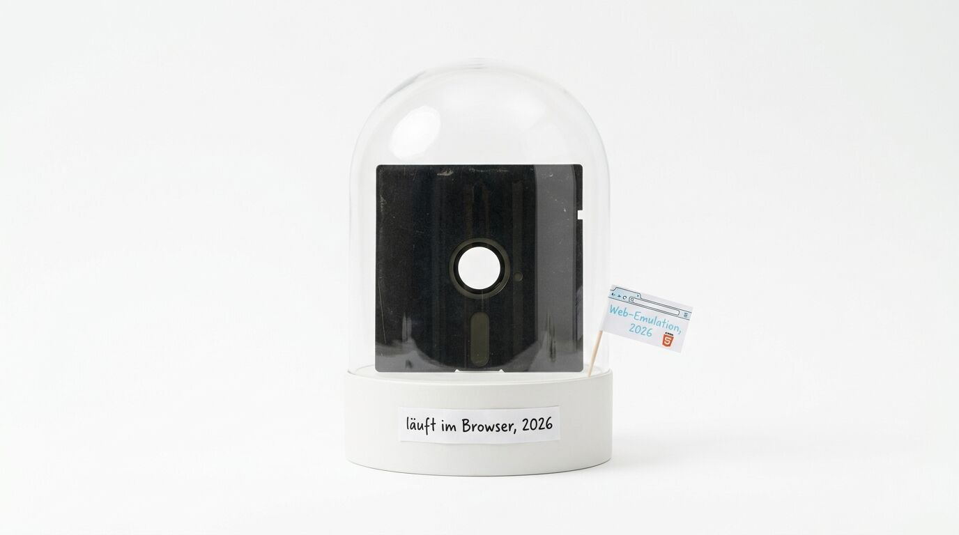 Schwarze Diskette unter Glasglocke auf weißem Sockel vor weißem Hintergrund