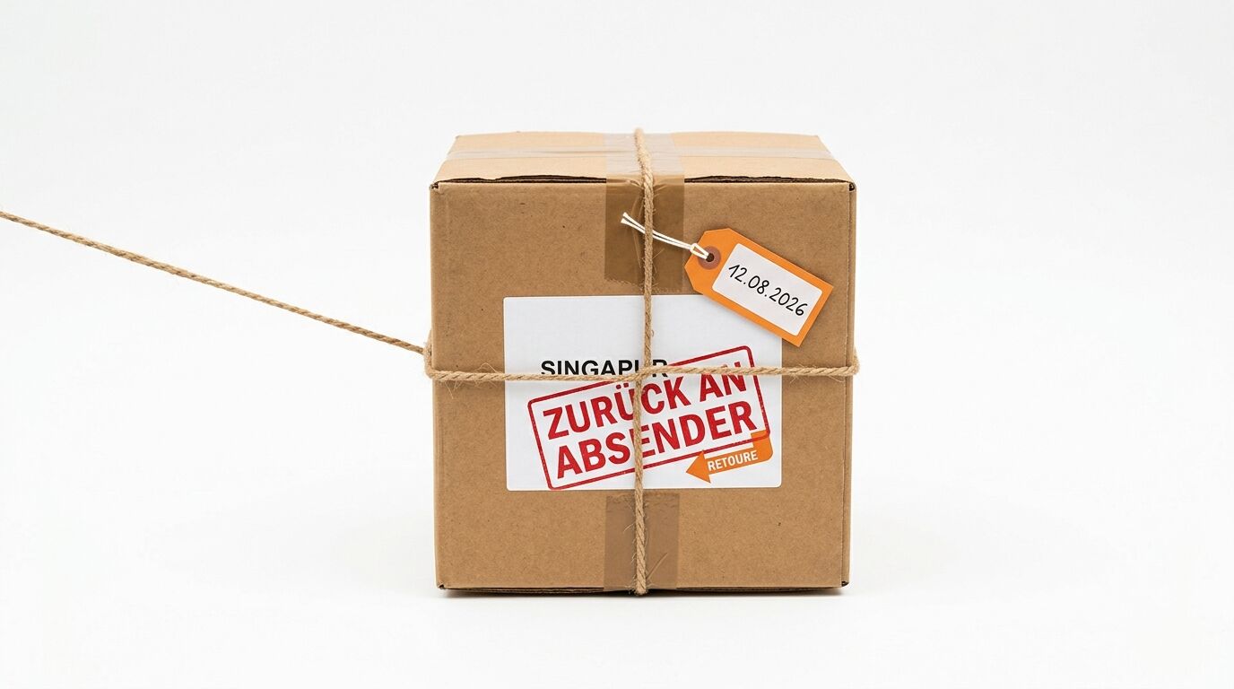 Postpaket mit Schnur, „Zurück an Absender“-Aufkleber und Datumsanhänger auf Weiß